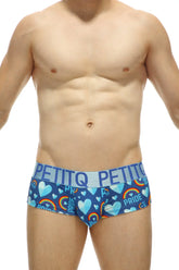 Blue mini boxer double pride briefs with rainbow hearts pride pattern and petitq waistband logo for men