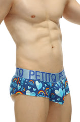 Blue petitq men’s mini boxer double pride briefs with vibrant rainbow hearts and pride text pattern