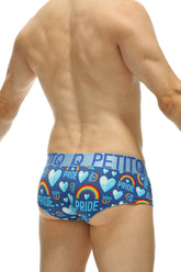Blue petitq mini boxer double pride men’s briefs with vibrant rainbow hearts and pride pattern in light blue