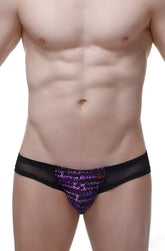 Mini boxer macau bulles purple sequined briefs with black mesh sides and a small orange logo on the front