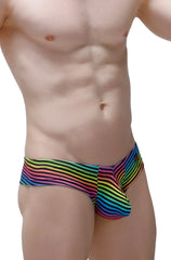 Mini boxer monti rainbow-striped men’s swim trunks with bold colorful pattern for beach and poolwear