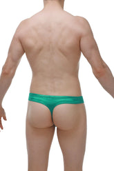 Emerald green satin mini boxer thong showing the back side made of smooth satin fabric for comfortable wear