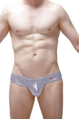 Mini boxer satin silver metallic briefs with sleek form-fitting design and small red logo on waistband