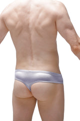 Mini boxer satin silver briefs with a sleek form-fitting design in metallic silver satin fabric