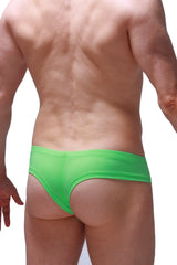 Mini boxer neon green bright green form-fitting swim trunks with smooth stretchy fabric and low-rise cut