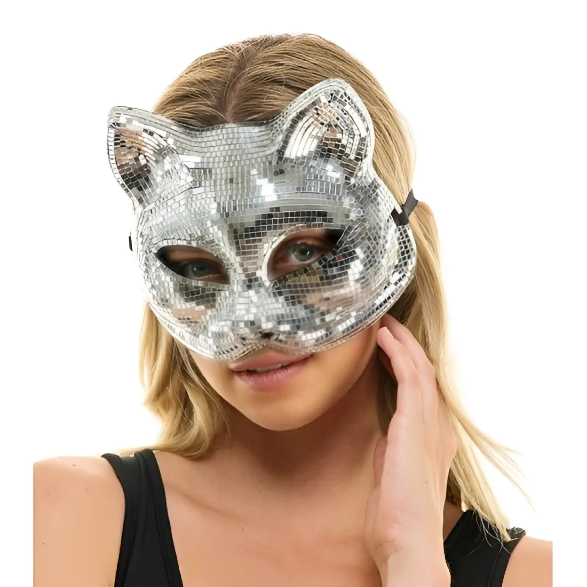 Silver mirror cat mask with reflective mosaic tiles and pointed ears for costume or party wear