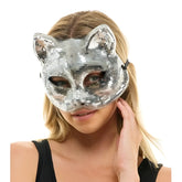Silver mirror cat mask with reflective mosaic tiles and pointed ears for costume or party wear