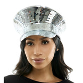 A shiny silver mirrored festival hat with a reflective disco ball cap surface and a structured brim