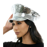 A shimmering silver mirrored festival hat with reflective mosaic tiles perfect for parties and events