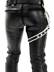 Black leather pants by mister b with zipper back white stripe silver studs and chain detail size l xl
