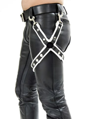 Black leather leg harness with white trim and silver studs by mister b in size l/xl shown from front view