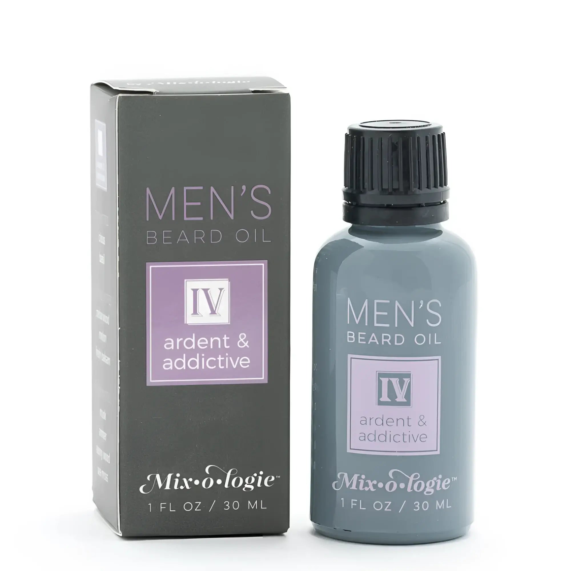 A sleek dark gray glass bottle of Mixologie beard oil with black ribbed cap and lavender label ardent and addictive scent