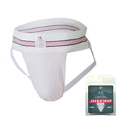 White athletic jockstrap with pink and navy striped waistband mm original edition bike style underwear size m