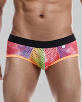 Mob aero brief rainbow-colored mesh-patterned men’s briefs with black waistband and orange trim front view