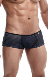 Black striped men’s mob boyshort briefs with a sleek form-fitting design and subtle textured fabric