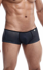 Black striped men’s mob boyshort briefs with a sleek form-fitting design and subtle textured fabric
