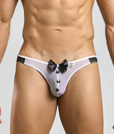 Gray sheer tuxedo-style thong with black bow and button details from mob buttler costume shown from back side