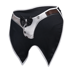 Black and white tuxedo style men’s underwear with satin bow tie three black buttons and brown leather trim in mob buttler costume
