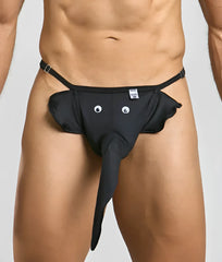 Black elephant thong with googly eyes, long trunk, and adjustable straps made from soft fabric for playful wear