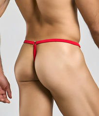 Back view of a red elephant thong with a thin smooth fabric waistband and small metallic clasp closure