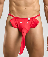 Red elephant-themed thong with googly eyes and a long trunk made of stretchy fabric showing front side details