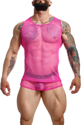 Bright pink mob fishnet boxer mesh tank top and briefs with sheer form-fitting design