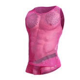 A vibrant hot pink mob fishnet tanktop with a fitted form-fitting design made of breathable mesh material