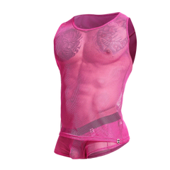 A vibrant hot pink mob fishnet tanktop with a fitted form-fitting design made of breathable mesh material