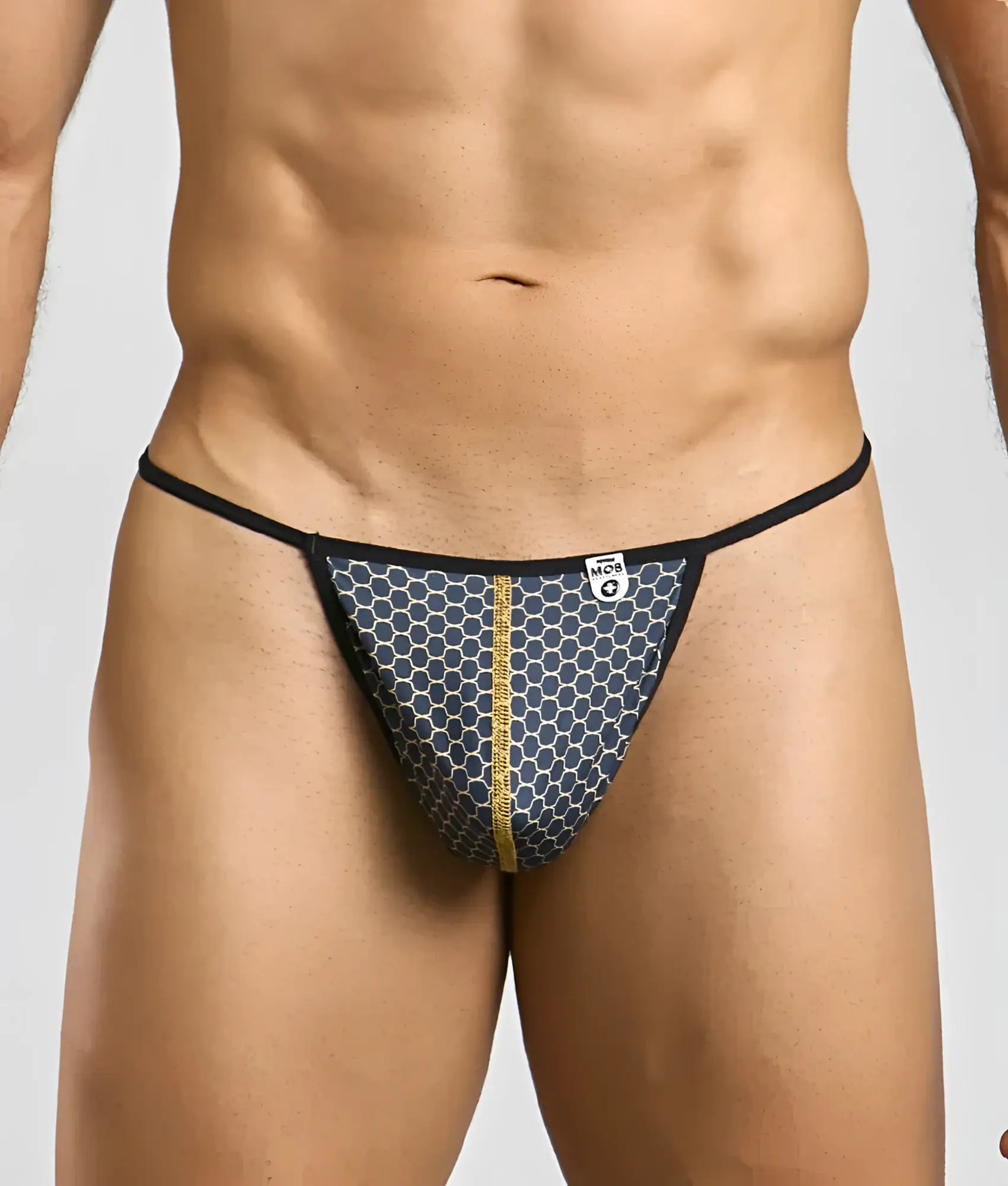 MOB hipster T thong print in navy blue honeycomb pattern with black trim and gold zipper detail front view
