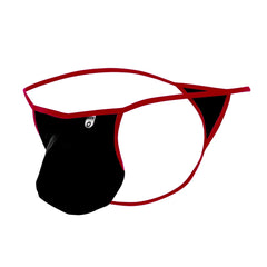 Black and red mob magic pouch thong with sleek minimalist design showing front side in soft breathable fabric