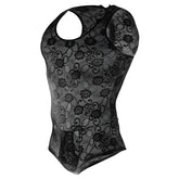 Mob men’s lace bodysuit black floral lace halter top with sheer mesh overlay front view