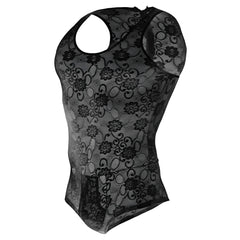 Mob men’s lace bodysuit black floral lace halter top with sheer mesh overlay front view