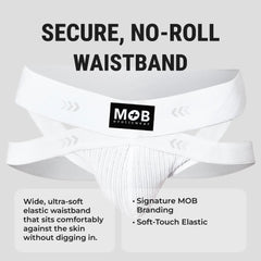 Men’s x jockstrap white mob eroticwear briefs with secure no-roll elastic waistband and soft-touch fabric