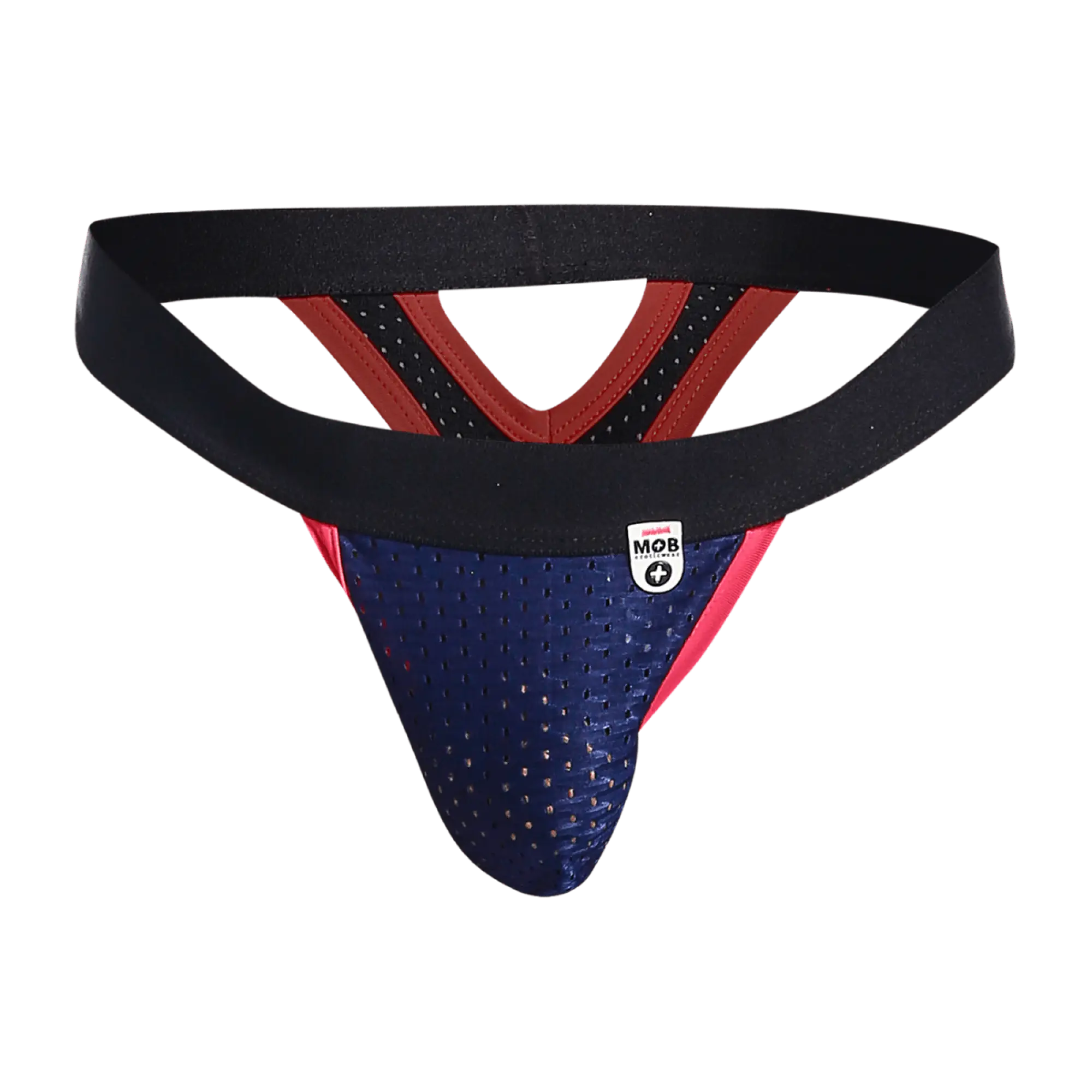 Blue and red perforated athletic supporter with black elastic waistband in mob mesh y thong design front view