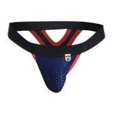 Blue and red perforated athletic supporter with black elastic waistband in mob mesh y thong design front view