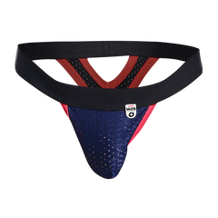 Blue and red perforated mesh athletic supporter mob mesh y thong with black elastic waistband shown from the back