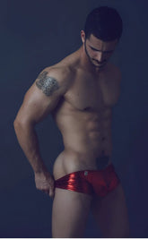 Shiny red metallic MOB Mirror Boxer briefs with a small logo on the front for stylish everyday wear