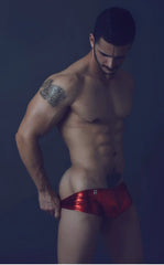 Shiny red metallic MOB Mirror Boxer briefs with a small logo on the front for stylish everyday wear