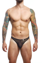 Black sheer mesh thong briefs with a subtle front logo from mob for stylish breathable comfort