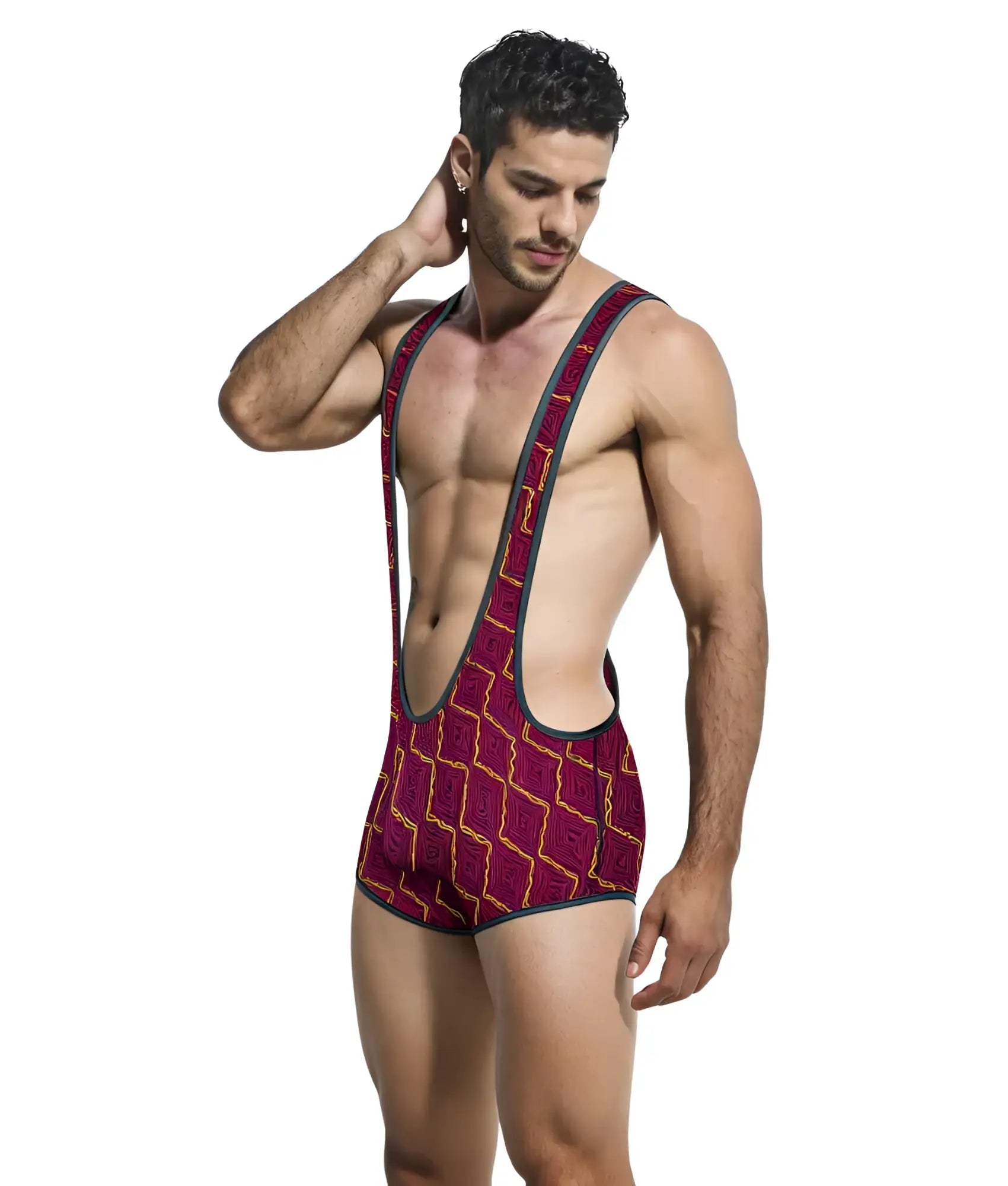 Maroon and gold patterned men’s wrestling singlet with black trim designed for MOB performance