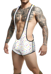 White men’s wrestling singlet mob singlet with colorful confetti pattern and black trim designed for athletic use