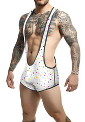 White men’s wrestling singlet mob singlet with colorful confetti pattern and black trim designed for athletic use