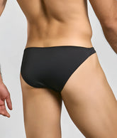 Toucan bikini for men black sleek form-fitting swim trunks with smooth fabric finish for swimming and beachwear