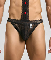 Black lace mob tuxedo thong with red buttons down the center front featuring delicate lace material