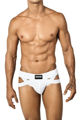 Men’s x jockstrap athletic briefs in white with ribbed fabric and distinctive crisscrossing waist straps front view