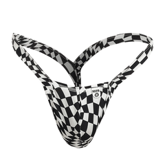 Black and white checkered patterned men’s thong with mob brand label front view from the mob y buns thong collection