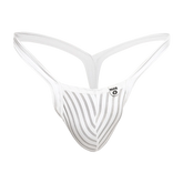 White striped mob y buns thong with sleek modern design and thin straps shown from the back side