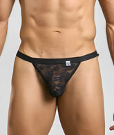 Black lace mob y sexy thong with solid black waistband and floral pattern front view