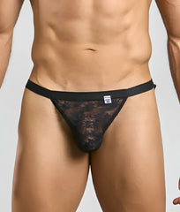 Black lace mob y sexy thong with solid black waistband and floral pattern front view