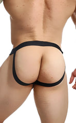 Black form-fitting high-waisted briefs with sleek minimalist design from mob fisherman jock collection